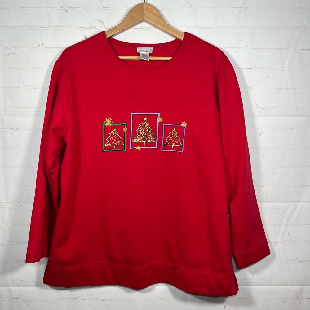 Vintage Fashion Bug Christmas Trees Sweater Womens 14/16W Red Embroidered